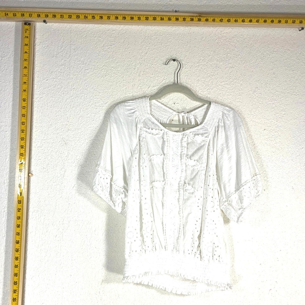 Porridge Clothing White Eyelet Lace Smocked Waist Blouse Open Back Cotton Top L